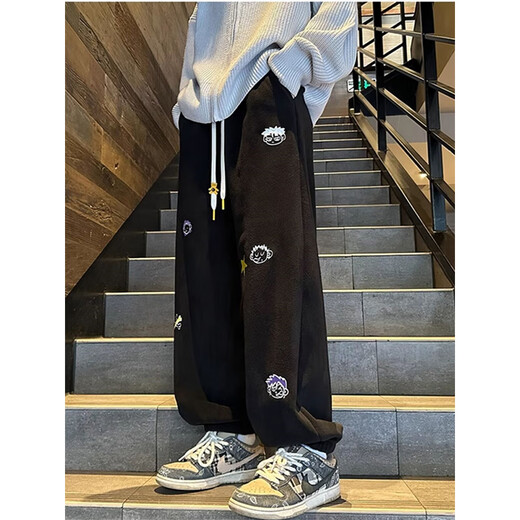 Katuchi Japanese retro lamb velvet pants men's autumn and winter loose plus velvet thickened warm trendy casual sportswear trousers apricot XL