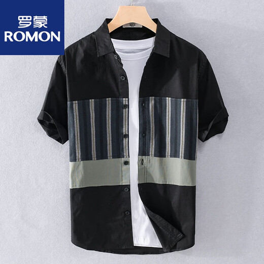 罗蒙（ROMON）夏季男士条纹短袖衬衫日系拼接薄款上衣服休闲百搭衬衣 9740蓝色 2XL 160斤左右