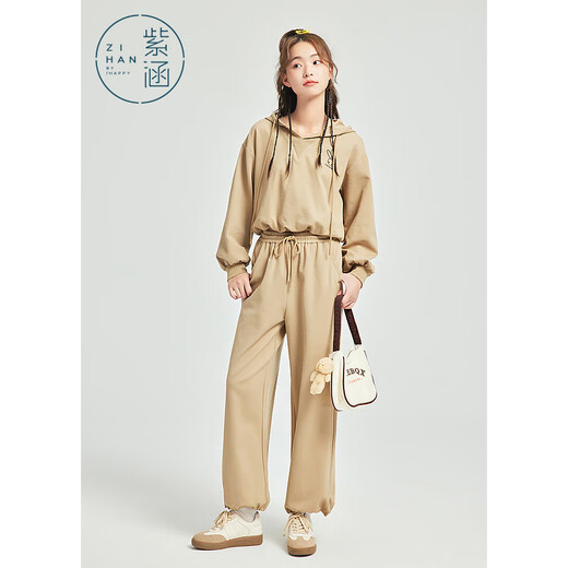 Zihan sweatshirt casual pants two-piece set autumn v-neck hooded pullover straight-leg sweatpants set Khaki XL
