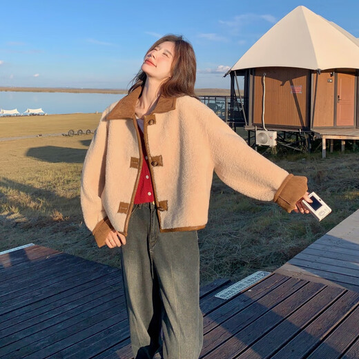 ANGEL MOOD Spring and Autumn New Double-sided Wearable Fur Integrated Lambwoman Jacket for Women's Autumn New Maillard Wearing Women's Off-White Double-sided S