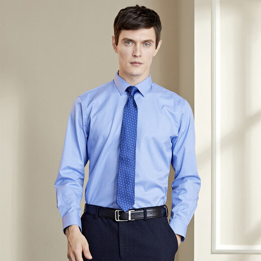 YOUNGOR long-sleeved shirt men's plaid DP no-iron shirt pure cotton fabric anti-wrinkle flat and easy to care for new product GLDP16387HJA blue grid 40