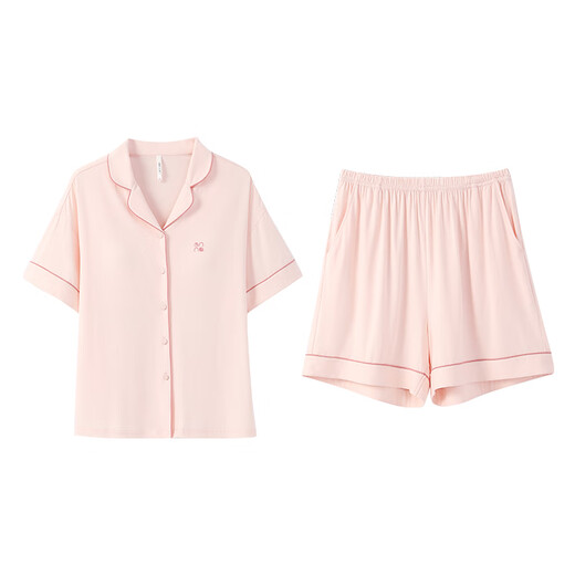 Anzhiban Anxin Cotton Couple Pajamas Summer Mommonia Cotton Casual Solid Color Short Sleeve Shorts Men's and Women's Home Clothes Set Peach Pink-Female M