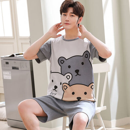 LangSha college student pajamas summer men's short-sleeved pure cotton thin Korean style youth summer wear men's high school student dormitory suit Q short-sleeved men's 1396 white XL standard (118-138Jin Jin equals 0.5 kg)