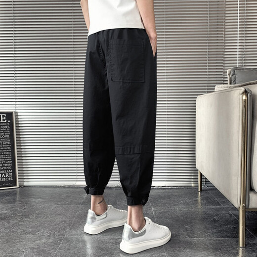 
JIAYE (JIAYE) Cropped Pants for men's summer thin loose trend 8-point pants casual versatile ice silk harem cool pants student L01 black thin style larger S