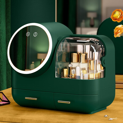 Bobenjia cosmetics storage box large capacity dustproof desktop high-end LED mirror dressing table lipstick skin care product storage rack - ivory white + three-color light + fan