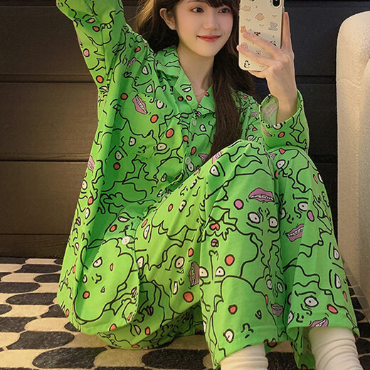 惠奴比灵能睡衣女春秋季款纯棉长袖搞怪小酒窝卡通学生家居服套装 826#双长皱布镜音双子 M