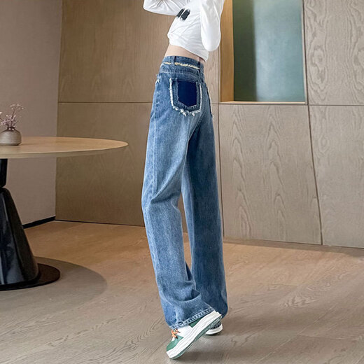 Commander Bear Hohe Taille gerade Jeans für Frauen lose und schlank 2025 Neue Frühling und Herbst kleiner Körpergrenze kontrastweit Beine Hosen HN693 Inman Retro Blue SPISCH 95JIN [JIN entsprechen 0,5 kg]