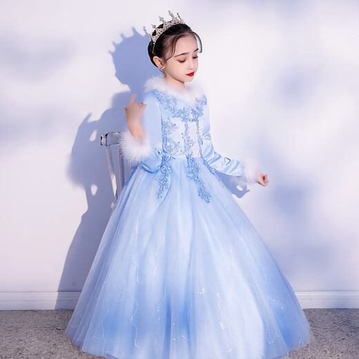 Xinlan Fuman Violin Performance Disfraz de niñas Vestidos para niños Cumpleaños de alta gama Princesa Falda Flores Flores Fiela anfitriona Z1901 [Collar de cabello azul] Siga la corona 140cm