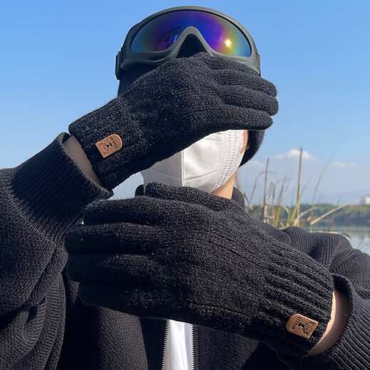 斐卡薇防寒手套男保暖秋冬季毛线触屏棉手套男女分指全指针织手套骑车 黑色分指手套