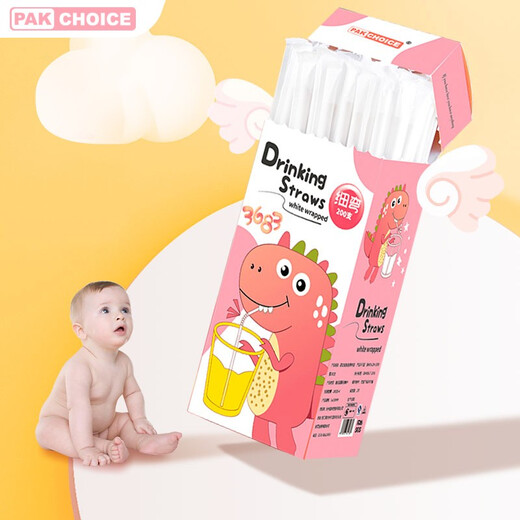 PAKCHOICE straws disposable individually packaged children's baby straws paper straws Funny dinosaur thin curved flat head straws 200 pieces/box