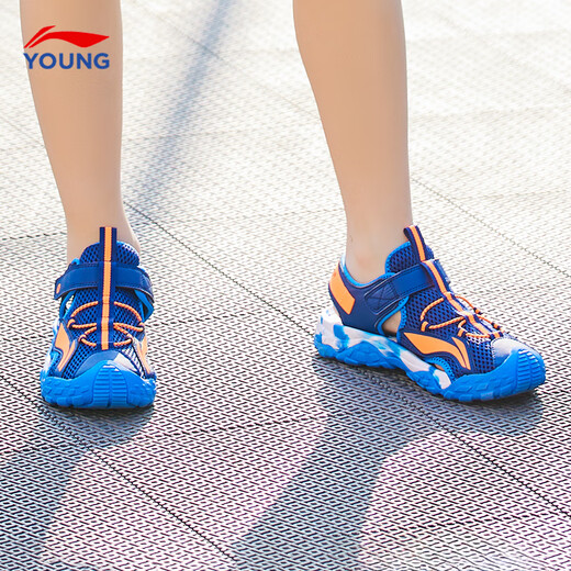 Li Ning children's sandals for boys, girls and middle-aged children in summer new Baotou sports non-slip bottom beach shoes for children, navy blue 35, inner length about 22.9cm, suitable for feet 21.9cm long
