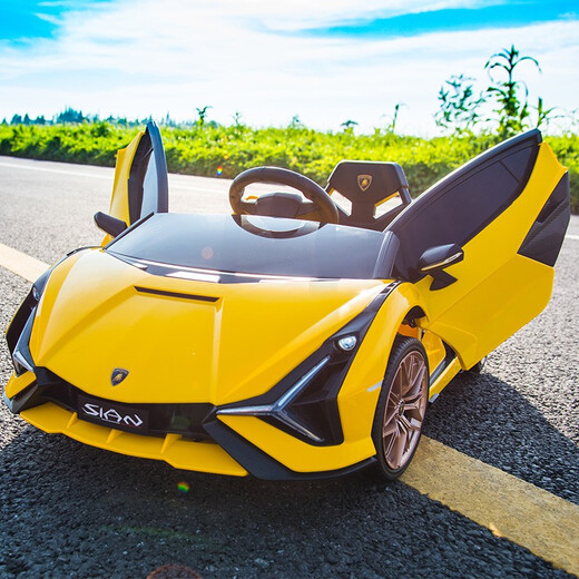 Xingchenhao Lamborghini children's electric car four-wheel toy can sit on a child's baby baby remote control car Lightning SIAN red four-wheel drive + remote control + swing + leather seat + soft wheels