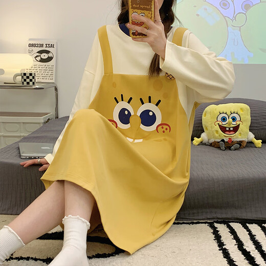 
Manzhizhuang spring and autumn long-sleeved nightgown for women's autumn pajamas cotton autumn and winter new internet celebrity style mid-length home clothing large size LX-16854 M