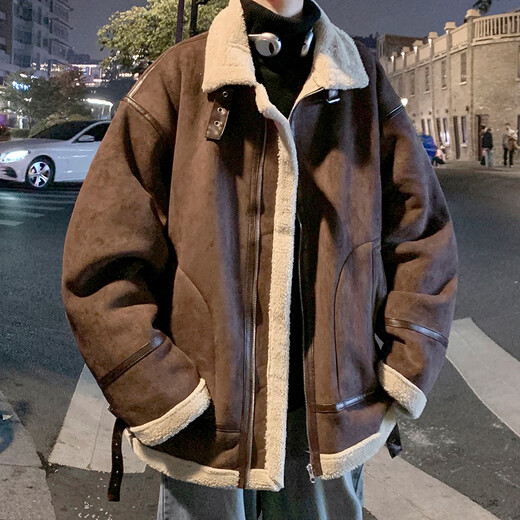 Poke Suede Cotton Jacket Men's Winter American Retro Trendy Brand Motorcycle Jacket Plus Velvet Thickened Warm Lamb Wool Jacket XZ218-7-M102 Dark Brown