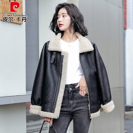 Pierre Cardin Haining Genuine Leather Jacket Women's Short 2025 New Plush Thickened Fur One-piece Sheepskin Jacket Autumn and Winter Brown M Recommended 120-130 Jin Jin equals 0.5 kg