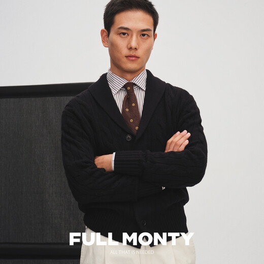 FULL MONTY青果领秋冬季羊毛针织开衫v领长袖毛衣男士新复古回潮外套 黑色8740 L