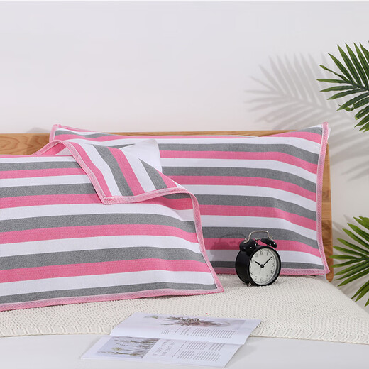 Frangomu thickened old coarse cloth pillow towel linen single encrypted pillow towel for all seasons, sweat-absorbent and breathable 47*74 pair, rose red and gray strips pair