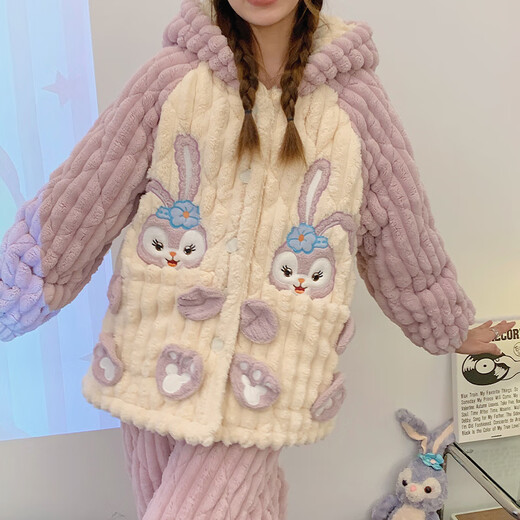 清丝坊湖南省省服女三层夹加绒加厚保暖珊瑚绒秋冬季卡通法兰绒家居套装 12046 蝴蝶结女孩 [加厚三层夹 L