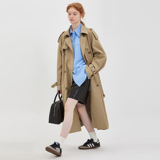 fano studios范洛Fano 2025复古经典双排扣翻领风衣女系带中长款外套 卡其黄 XS