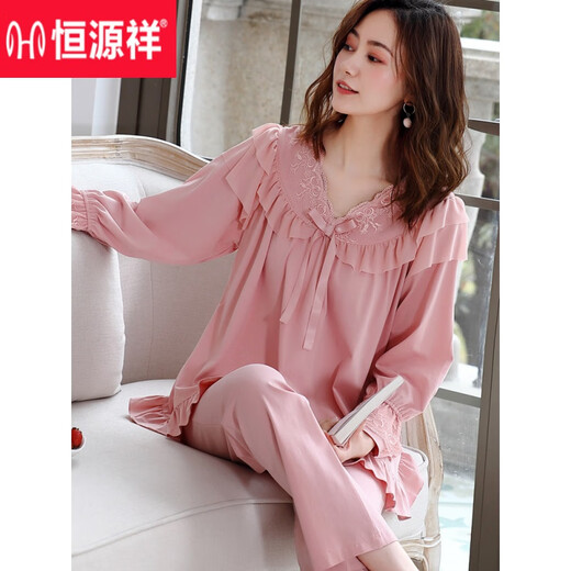 Hengyuanxiang (Hyx) Hengyuanxiang Spring Pyjamas Spring and Automne Style Style Cotton Coton à manches longues Style Cotton Palace Palace Style mince automne et hiver 13298 Big Red M (160)
