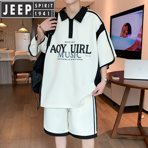 Jeep Spirit Youth Short à manches t-shirts masculins à demi-manches Polo Men's Summer Sports Set 6629 White [Set] L 110-130Jin [Jin est égal à 0,5 kg]
