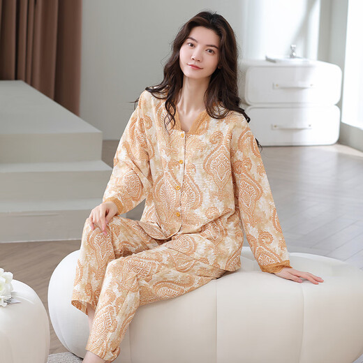 
Langsha pajamas for women long sleeves for spring and autumn Xinjiang pure cotton casual large size sweet and can wear outside home clothing suit MR-14701-YSH M