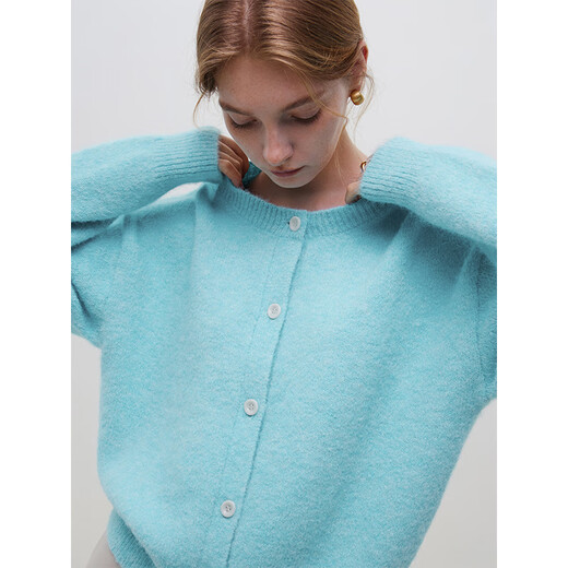 
Fan Silan 23FS14103 classic versatile knitted top color round neck long sleeve cardigan sweater jacket for women blue pine stone L