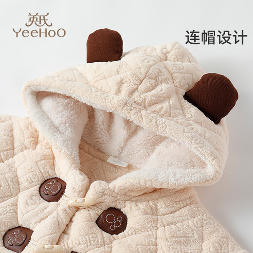 Ying's children's velvet thickened home clothes suit winter style boys and girls autumn and winter hooded outer pajamas beige 140