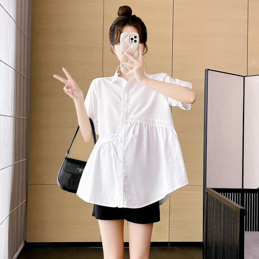 Top de maternité de la mère de Ranqi dans la couverture d'été Belly 2025 Nouvelle petite chemise à manches courtes Summer Sumy Fashion Summer Blue Top (Single Piece) L