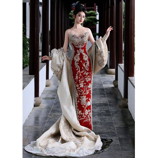 XiUhe Familie [Orientaler einfacher außergewöhnlicher Stil] Toastwear Cheongsam 2025 Neues chinesisches Stil trägerloses Hochzeitskleid Phoenix Crown Robe N-869 Luxus (Cheongsam) s