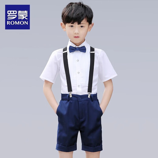 Romon children's dress boys suit summer new performance costume black short strap five-piece set 160
