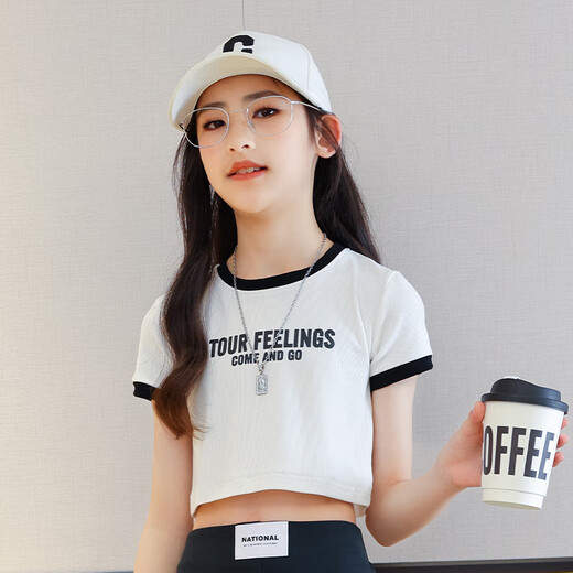 Luxury wolf girls T-shirt short slim summer thin hip-hop children's short sleeves large children's half-sleeved summer personalized girl top 9961 white 120cm