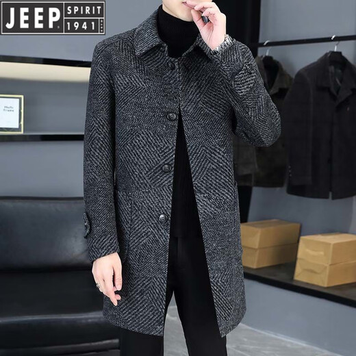 Jeep (JEEP) spring and autumn twill lapel double-sided tweed coat for men Korean style slim mid-length trench coat trendy main picture model [high quality] 2XL recommendation [150-170]