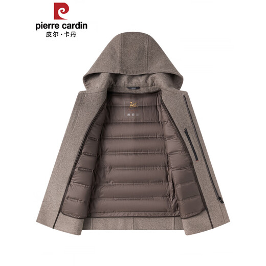 Pierre Cardin high-end men's wool coat short hooded woolen jacket autumn and winter thickened warm woolen coat men's coat khaki 2XL 185 recommended 165Jin Jin equals 0.5kg -185Jin Jin equals 0.5kg