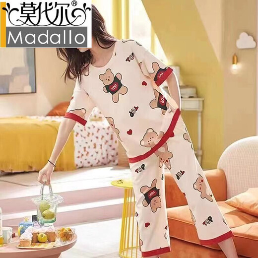 莫代尔新款睡衣女士夏季短袖七分裤套装宽松大码短裤可外穿薄休闲家居服 短袖七分裤：679 可爱熊 L 建议95-115斤穿