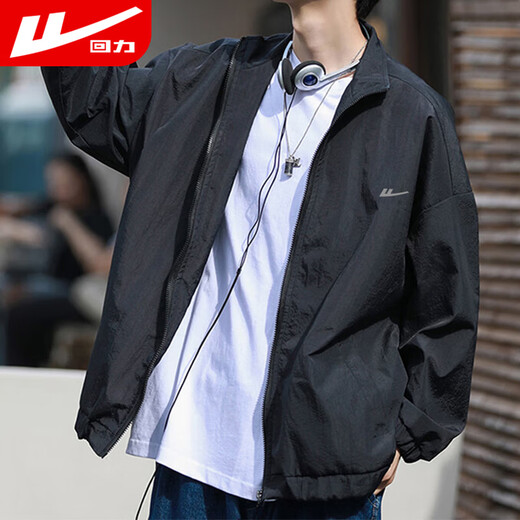 Pull back jacket men's spring and autumn stand collar windproof jacket men's casual loose top versatile men's black XL