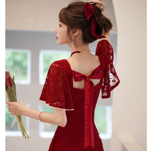 
Lankaroni Lankaroni toast suit bride can wear wedding engagement dress return small evening dress lace burgundy medium length S