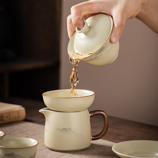 Complete set of gold inlaid jade tea set, imitation Song Dynasty Ru kiln open-piece ceramic Kung Fu tea set, high-end tea set for home use, ink painting distant mountains