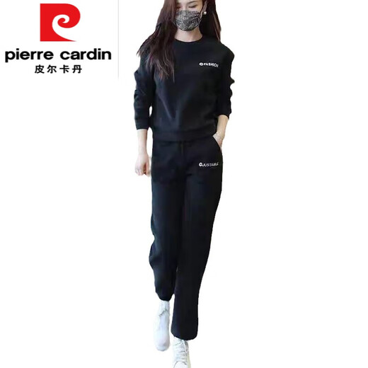 Pierre Cardin pure cotton plus velvet thickened sports suit for women autumn and winter 2025 new fashionable casual round neck sweatshirt two-piece set black velvet suit M100Jin Jin is equal to 0.5 kg within