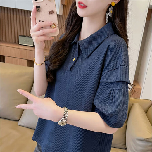 Pierre Cardin polo collar waffle short-sleeved T-shirt for women summer 2025 new loose large size short half-sleeved fake two-piece navy blue M suitable for 80-110Jin Jin is equal to 0.5 kg