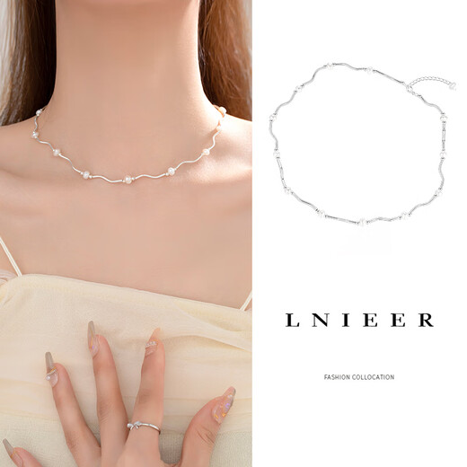 Lnieer925 Silver Freshwater Pearl Wave Necklace Women's Simple Light Luxury Design Versatile French Retro Clavicle Chain Necklace Freshwater Pearl Necklace S925 Silver