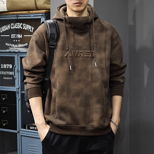 Chaotianshi autumn new style Medela dirty retro hooded sweatshirt men's loose letter stamped autumn and winter thickened long-sleeved jacket dark brown M 100-130Jin Jin equals 0.5 kg