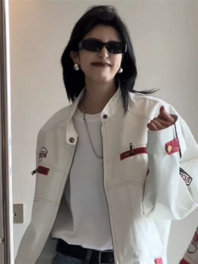 POUM男装美式高街PU皮衣机车外套男女春秋冬款宽松短款刺绣潮牌夹克 YRFS-W195白色 XL 【身高175-180体重60-70】