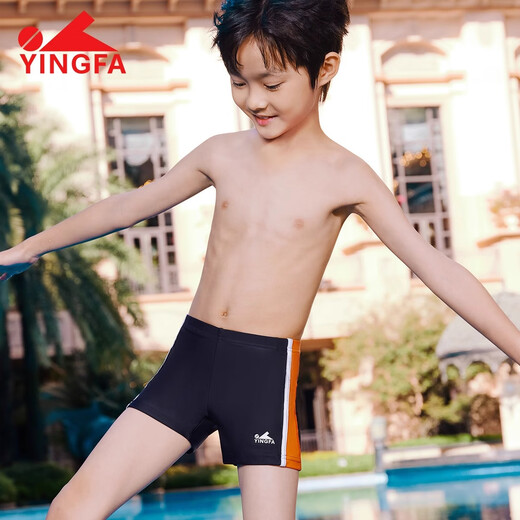 英发（YINGFA）儿童泳裤男童中大童平角游泳裤小男孩青少年速干泳裤2024新款 黑橙色24S653-1 110 【6码/腰围50-54CM】