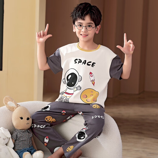 MANNIDO Jungen Pyjama Kinder Frühling und Herbst Baumwolle Dünne kurzärmelige Hose große Kinder Sommer reines Baumwolljunge Home Kleidungsstück F724 [kurze Länge] 120 12 Größe empfohlen 115-125 cm