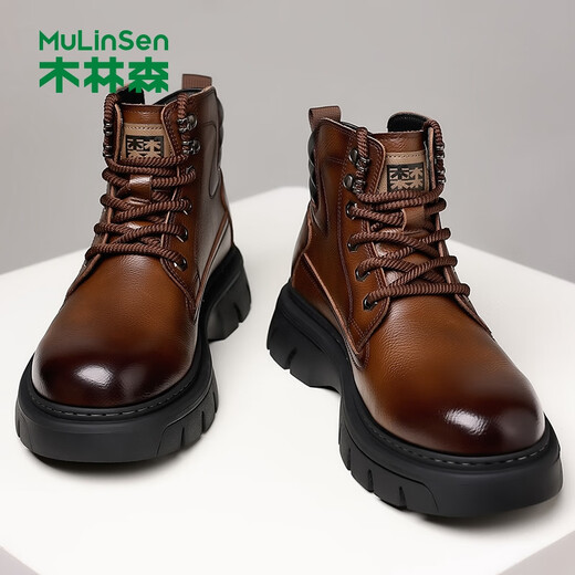 Mulinsen men's boots autumn and winter men's British retro Martin boots thick-soled heightened work boots wear-resistant high-top leather boots cotton boots brown four-season model 41