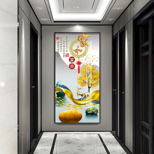 莫画泸林现代简约玄关装饰画正对门壁画走廊尽头挂画轻奢麋鹿过道入户门画 9-家和富贵12149 镜面晶瓷80*160炫酷黑