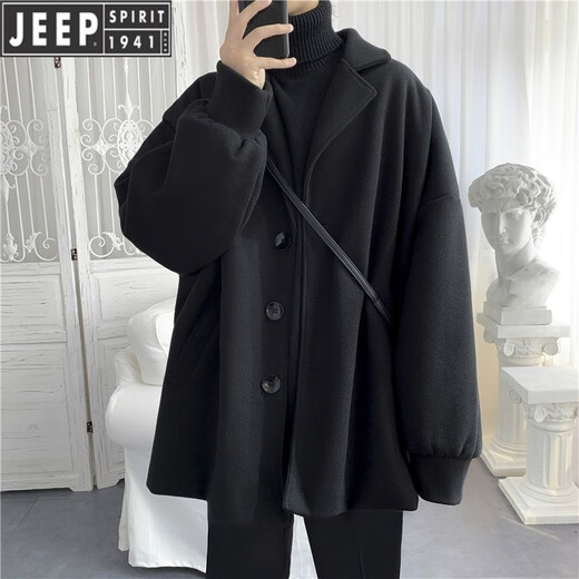 JEEP new autumn and winter new cotton and thick woolen coat short popular street black coat men's loose and handsome clothes black cotton and thick XL