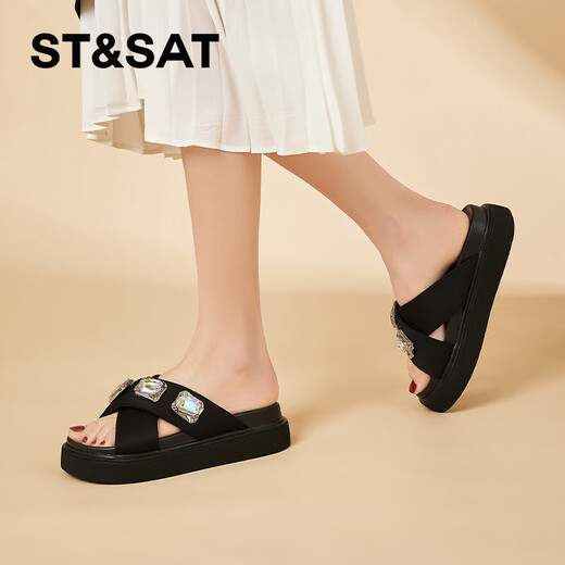 Saturday (St/Sat) mid-heel sandals for women 2024 summer new fish mouth rhinestone sandals fashionable and versatile one-slip flops for women black 35