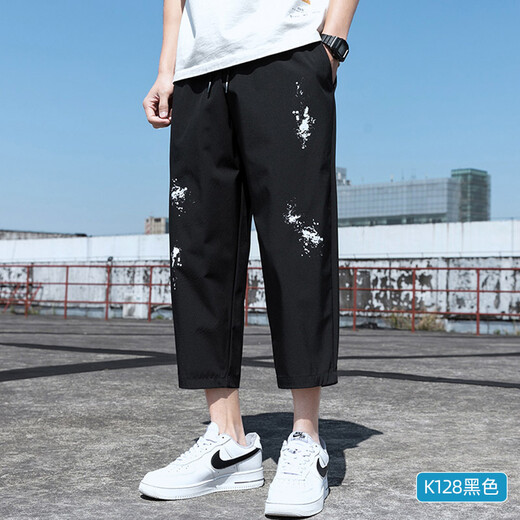季骆森休闲裤男夏季薄款宽松冰丝速干八分裤子学生韩版潮流运动哈伦裤 【单】K129黑色 XL
